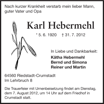 Traueranzeige von Karl Hebermehl von Rüsselsheimer Echo, Groß-Gerauer-Echo, Ried Echo