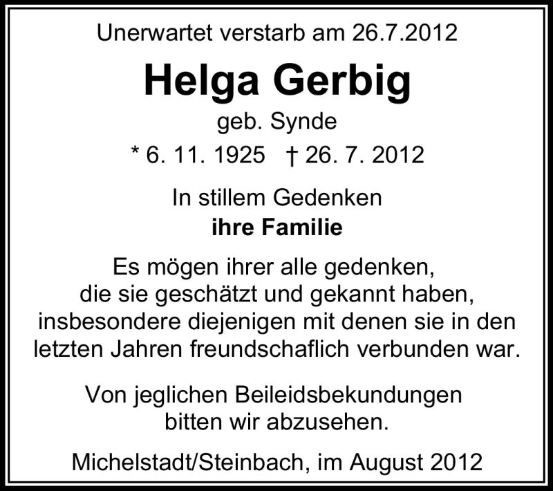  Traueranzeige für Helga Gerbig vom 07.08.2012 aus Odenwälder Echo