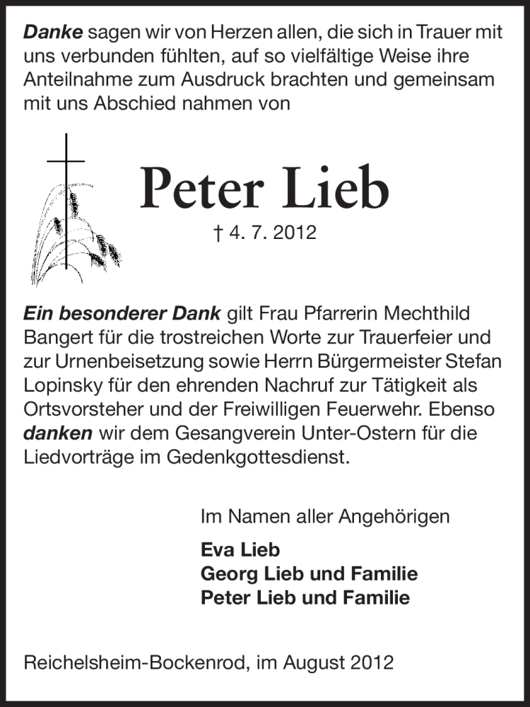  Traueranzeige für Peter Lieb vom 04.08.2012 aus Odenwälder Echo