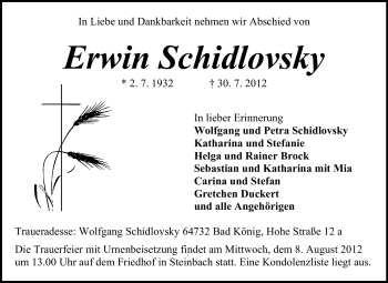 Traueranzeige von Erwin Schidlovsky von Odenwälder Echo