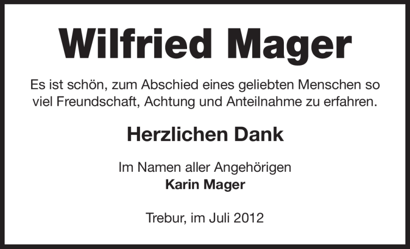  Traueranzeige für Wilfried Mager vom 04.08.2012 aus Echo-Zeitungen (Gesamtausgabe)