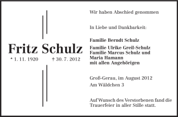 Traueranzeige von Fritz Schulz von Rüsselsheimer Echo, Groß-Gerauer-Echo, Ried Echo