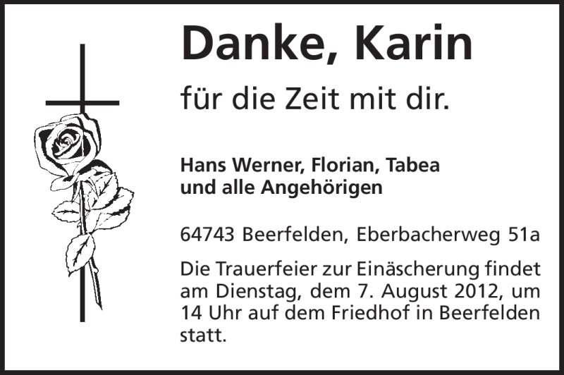  Traueranzeige für Karin  vom 06.08.2012 aus Odenwälder Echo