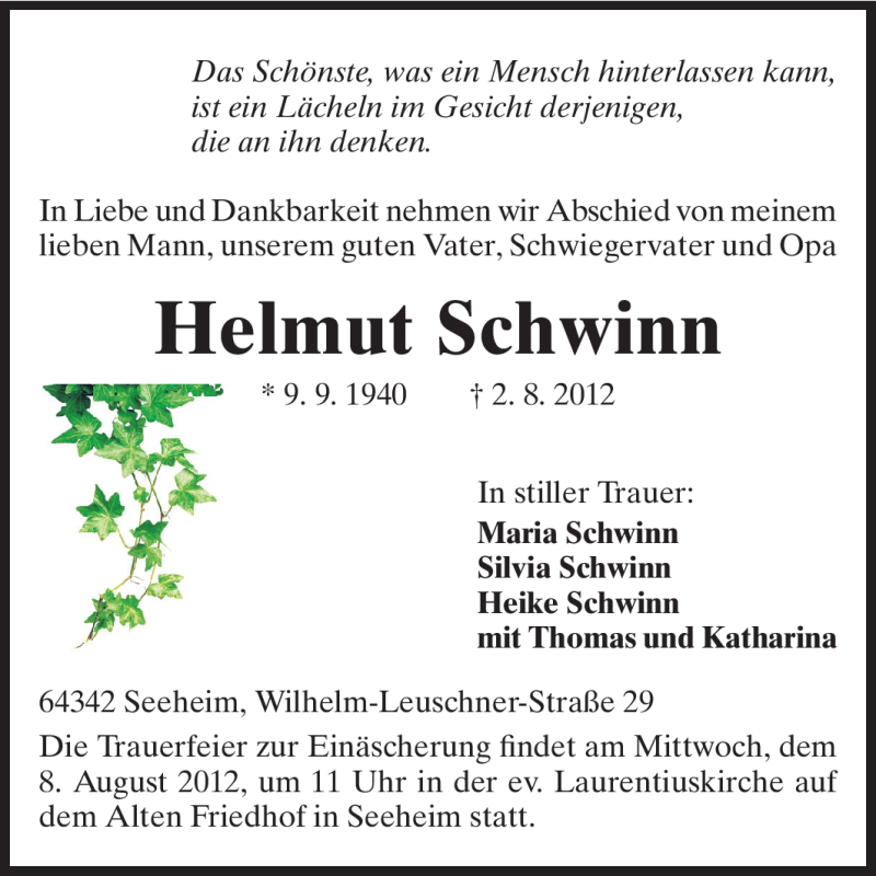  Traueranzeige für Helmut Schwinn vom 06.08.2012 aus Echo-Zeitungen (Gesamtausgabe)