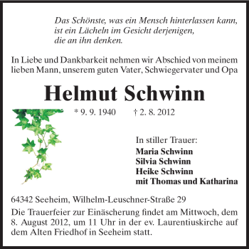 Traueranzeige von Helmut Schwinn von Echo-Zeitungen (Gesamtausgabe)