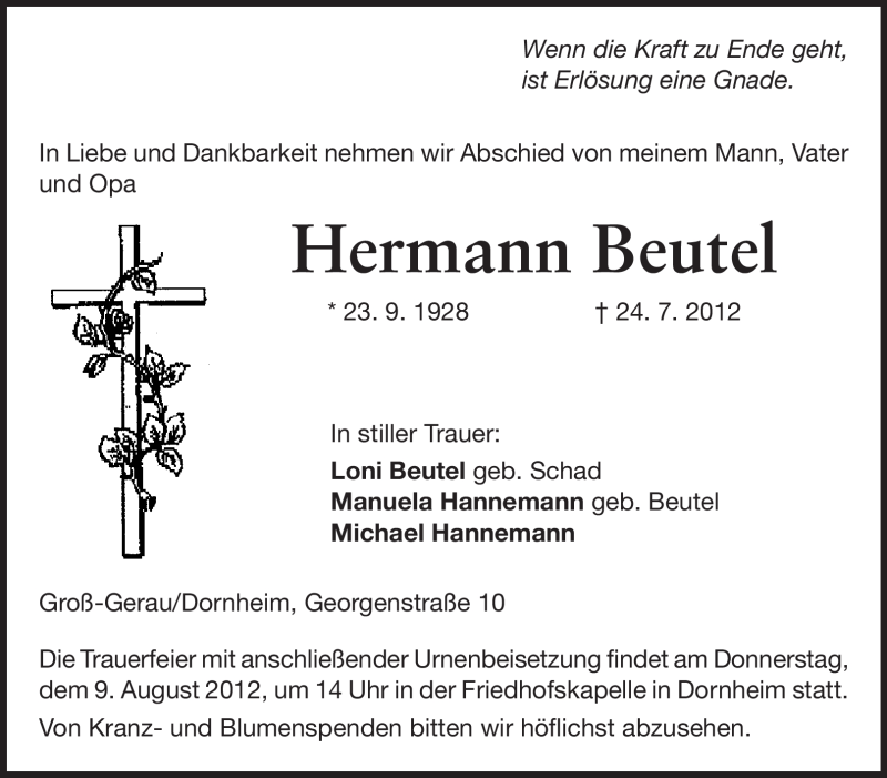 Traueranzeige für Hermann Beutel vom 06.08.2012 aus Rüsselsheimer Echo, Groß-Gerauer-Echo, Ried Echo