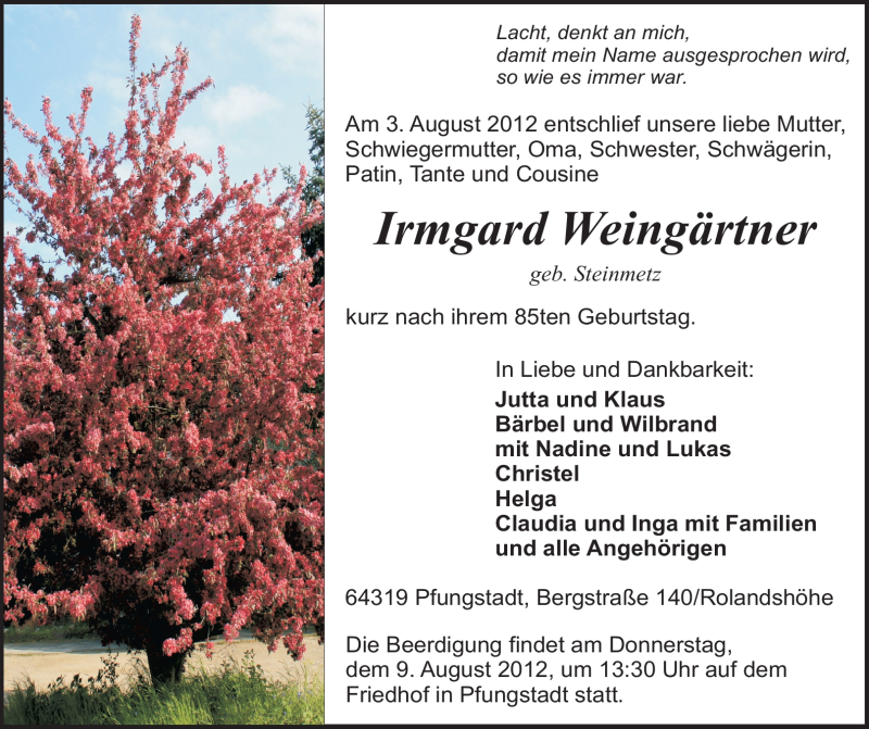  Traueranzeige für Irmgard Weingärtner vom 06.08.2012 aus Echo-Zeitungen (Gesamtausgabe)