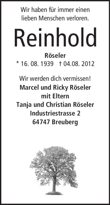 Traueranzeige von Reinhold Röseler von Odenwälder Echo