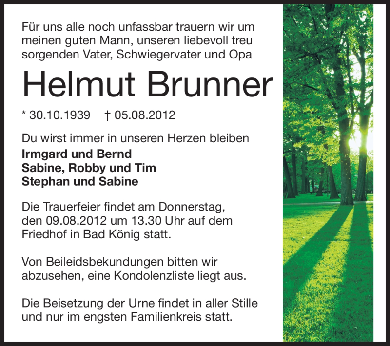  Traueranzeige für Helmut Brunner vom 07.08.2012 aus Odenwälder Echo