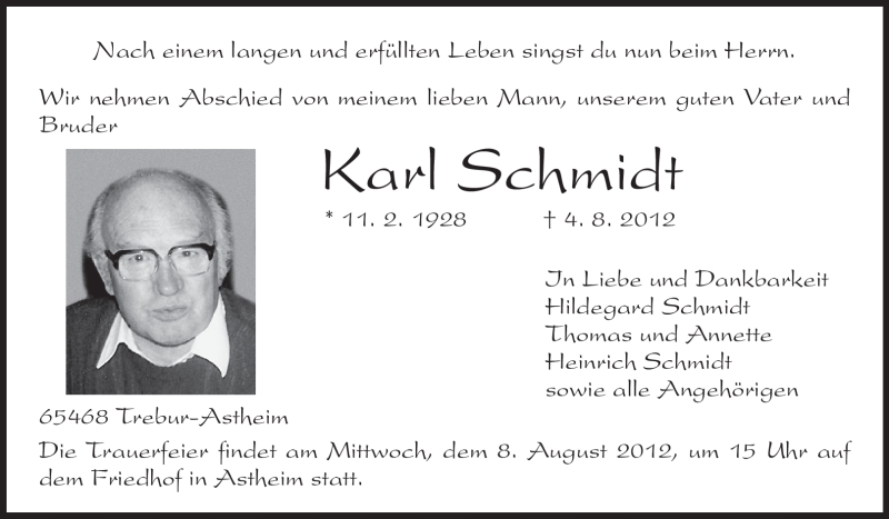  Traueranzeige für Karl Schmidt vom 07.08.2012 aus Rüsselsheimer Echo, Groß-Gerauer-Echo, Ried Echo