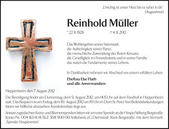 Traueranzeige von Reinhold Müller von Starkenburger Echo, Bergsträßer Anzeiger