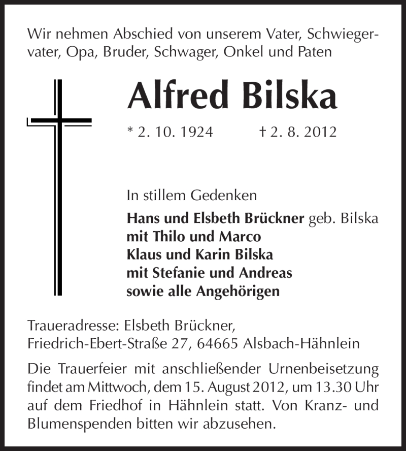  Traueranzeige für Alfred Bilska vom 11.08.2012 aus Echo-Zeitungen (Gesamtausgabe)