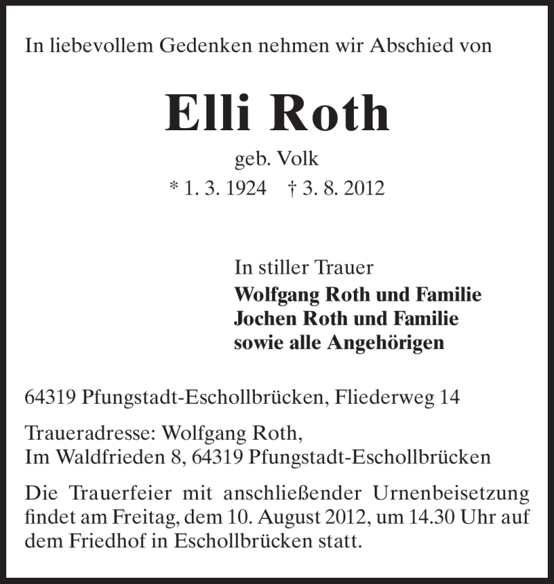  Traueranzeige für Elli Roth vom 08.08.2012 aus Echo-Zeitungen (Gesamtausgabe)