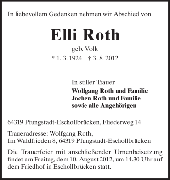 Traueranzeige von Elli Roth von Echo-Zeitungen (Gesamtausgabe)