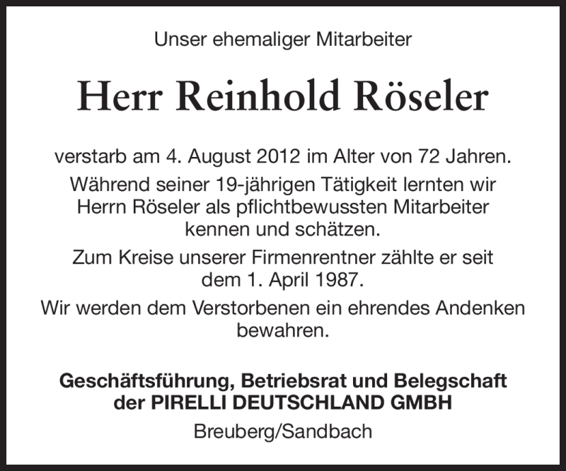  Traueranzeige für Reinhold Röseler vom 07.08.2012 aus Odenwälder Echo