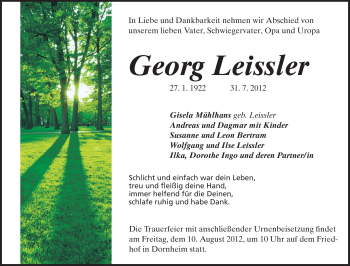 Traueranzeige von Georg Leissler von Rüsselsheimer Echo, Groß-Gerauer-Echo, Ried Echo