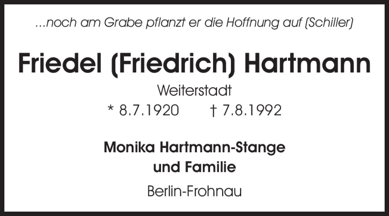  Traueranzeige für Friedrich Hartmann vom 07.08.2012 aus Echo-Zeitungen (Gesamtausgabe)