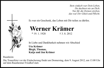 Traueranzeige von Werner Krämer von Rüsselsheimer Echo, Groß-Gerauer-Echo, Ried Echo