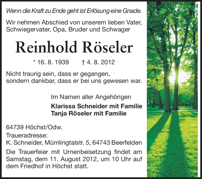  Traueranzeige für Reinhold Rösler vom 09.08.2012 aus Odenwälder Echo