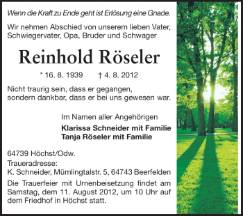 Traueranzeige von Reinhold Rösler von Odenwälder Echo