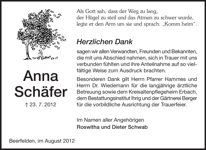  Traueranzeige für Anna Schäfer vom 08.08.2012 aus Odenwälder Echo