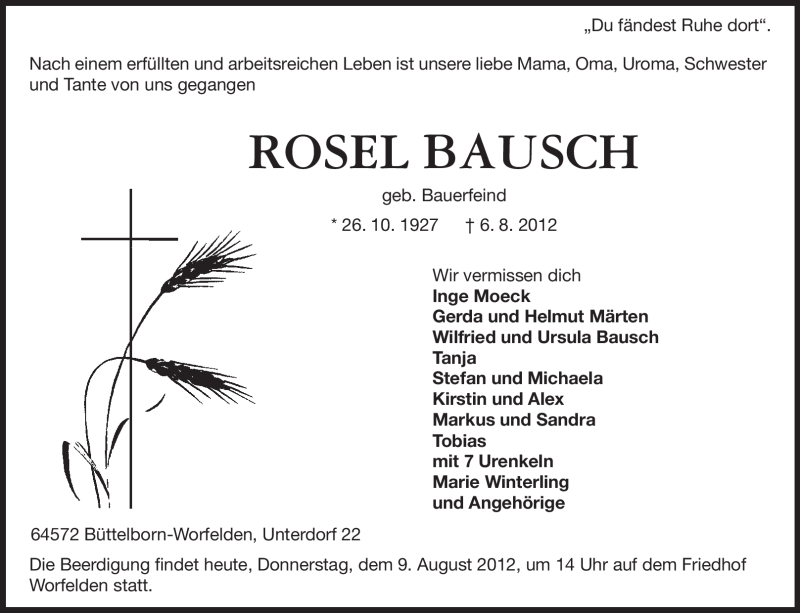  Traueranzeige für Rosel Bausch vom 09.08.2012 aus Rüsselsheimer Echo, Groß-Gerauer-Echo, Ried Echo