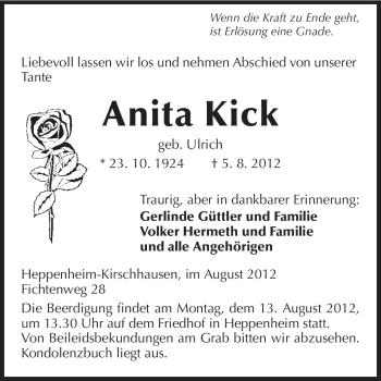 Traueranzeige von Anita Kick von Starkenburger Echo
