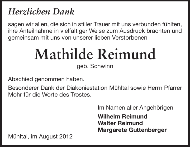  Traueranzeige für Mathilde Reimund vom 11.08.2012 aus Echo-Zeitungen (Gesamtausgabe)