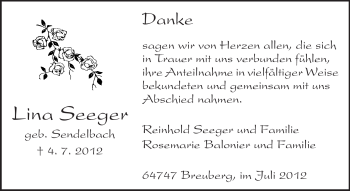 Traueranzeige von Lina Seeger von Odenwälder Echo