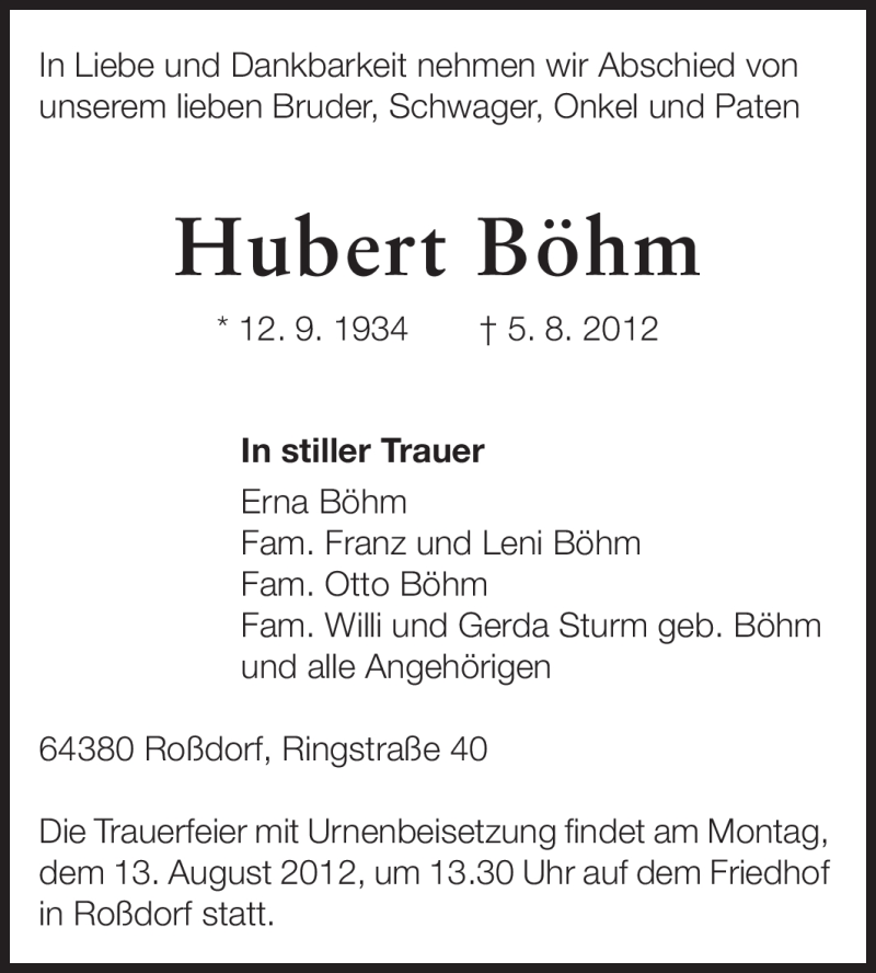  Traueranzeige für Hubert Böhm vom 08.08.2012 aus Echo-Zeitungen (Gesamtausgabe)