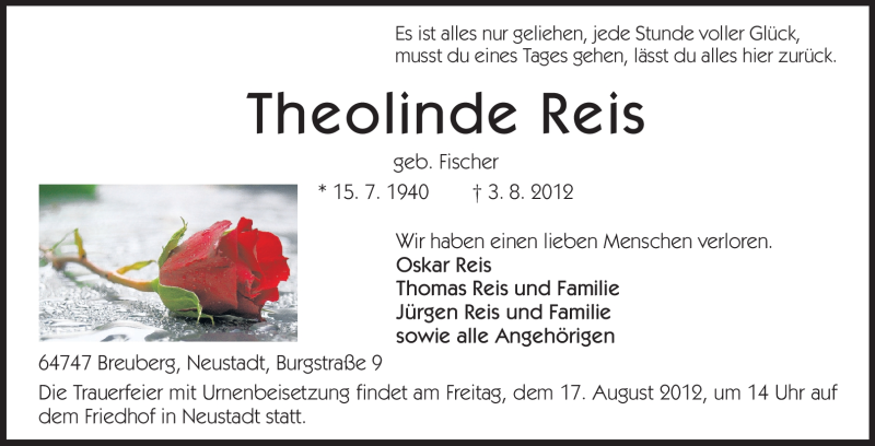 Traueranzeige für Theolinde Reis vom 14.08.2012 aus Odenwälder Echo