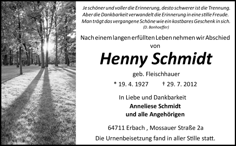  Traueranzeige für Henny Schmidt vom 10.08.2012 aus Odenwälder Echo