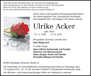 Traueranzeige von Ulrike Acker von Rüsselsheimer Echo, Groß-Gerauer-Echo, Ried Echo