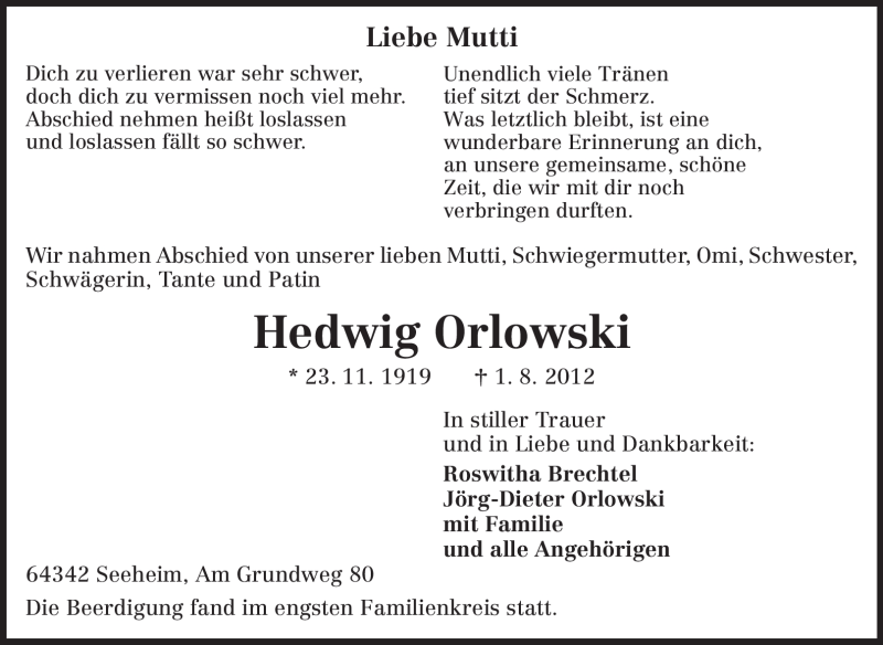  Traueranzeige für Hedwig Orlowski vom 11.08.2012 aus Echo-Zeitungen (Gesamtausgabe)