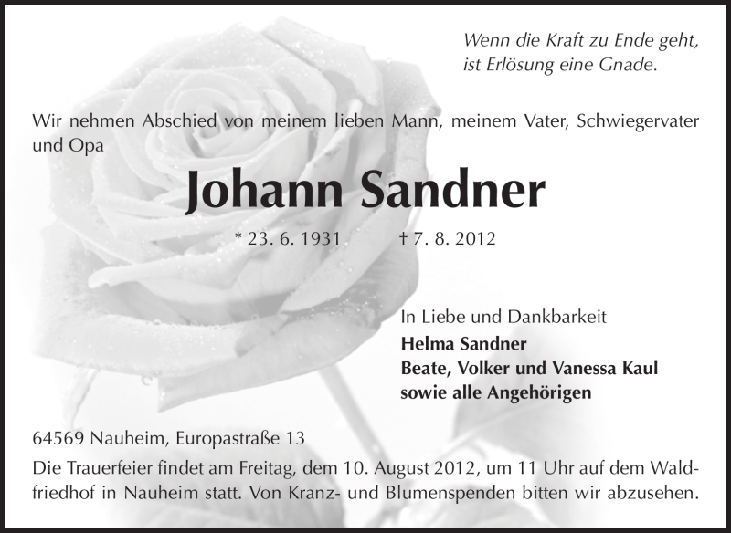  Traueranzeige für Johann Sandner vom 09.08.2012 aus Rüsselsheimer Echo, Groß-Gerauer-Echo, Ried Echo