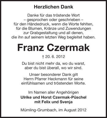 Traueranzeige von Franz Czermak von Odenwälder Echo
