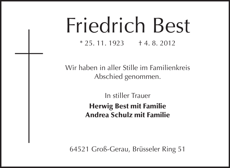  Traueranzeige für Friedrich Best vom 14.08.2012 aus Rüsselsheimer Echo, Groß-Gerauer-Echo, Ried Echo