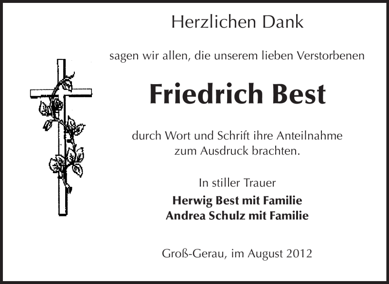  Traueranzeige für Friedrich Best vom 18.08.2012 aus Rüsselsheimer Echo, Groß-Gerauer-Echo, Ried Echo