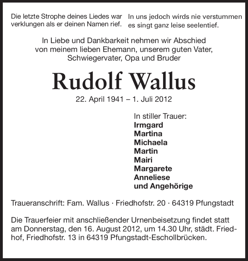  Traueranzeige für Rudolf Wallus vom 11.08.2012 aus Echo-Zeitungen (Gesamtausgabe)