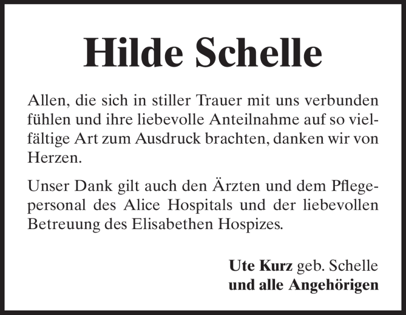  Traueranzeige für Hilde Schelle vom 11.08.2012 aus Echo-Zeitungen (Gesamtausgabe)