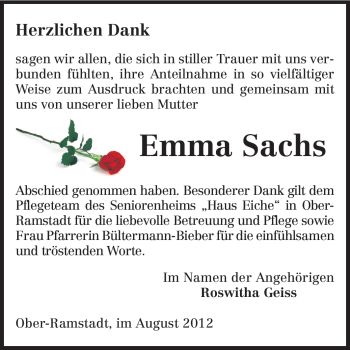 Traueranzeige von Emma Sachs von Darmstädter Echo, Odenwälder Echo, Rüsselsheimer Echo, Groß-Gerauer-Echo, Ried Echo