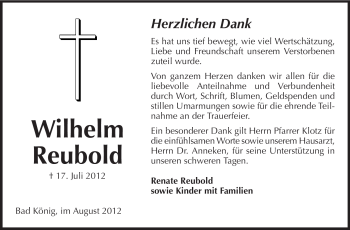 Traueranzeige von Wilhelm Reubold von Echo-Zeitungen (Gesamtausgabe)