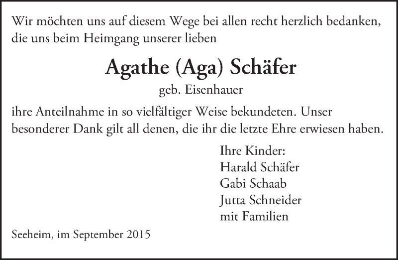  Traueranzeige für Agathe  Schäfer vom 05.09.2015 aus trauer.echo-online.de