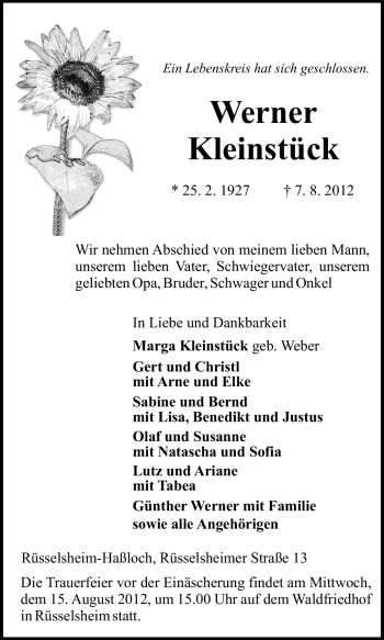 Traueranzeige von Werner Kleinstück von Rüsselsheimer Echo, Groß-Gerauer-Echo, Ried Echo