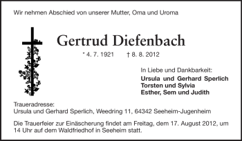 Traueranzeige von Gertrud Diefenbach von Echo-Zeitungen (Gesamtausgabe)