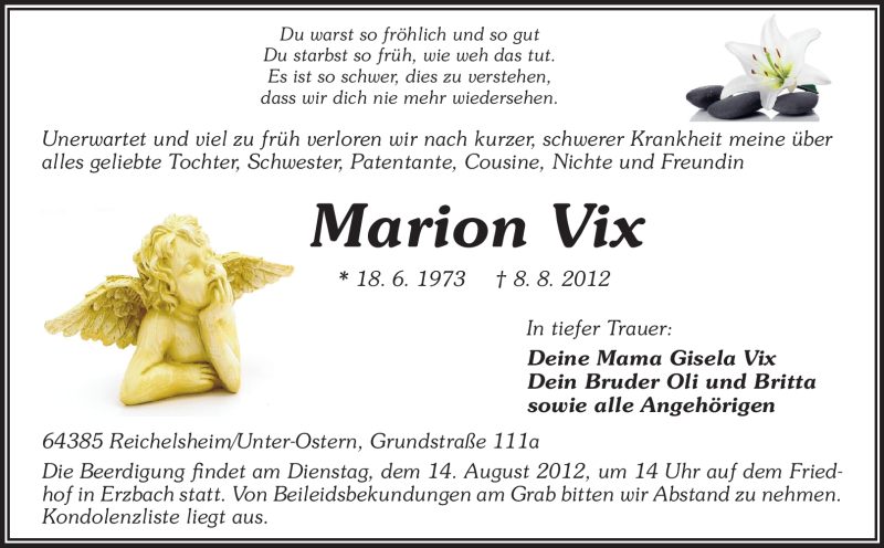  Traueranzeige für Marion Vix vom 11.08.2012 aus Odenwälder Echo