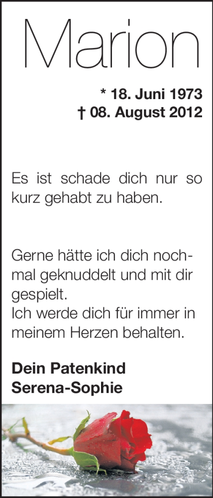  Traueranzeige für Marion Vix vom 11.08.2012 aus Odenwälder Echo