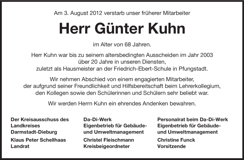  Traueranzeige für Günter Kuhn vom 11.08.2012 aus Echo-Zeitungen (Gesamtausgabe)