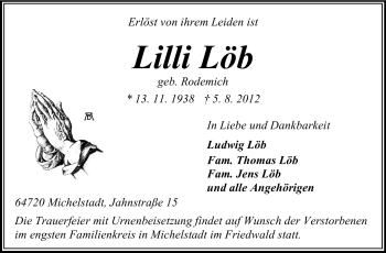 Traueranzeige von Lilli Löb von Odenwälder Echo