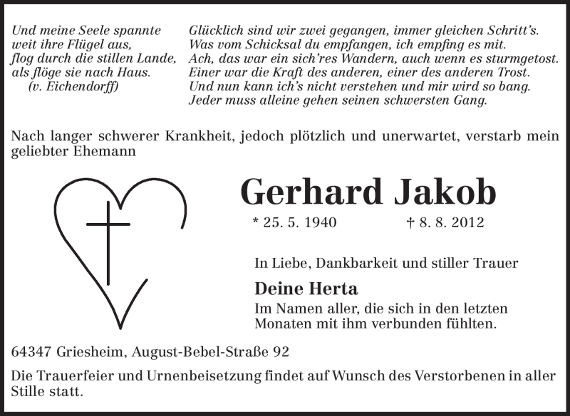  Traueranzeige für Gerhard Jakob vom 11.08.2012 aus Darmstädter Echo, Odenwälder Echo, Rüsselsheimer Echo, Groß-Gerauer-Echo, Ried Echo